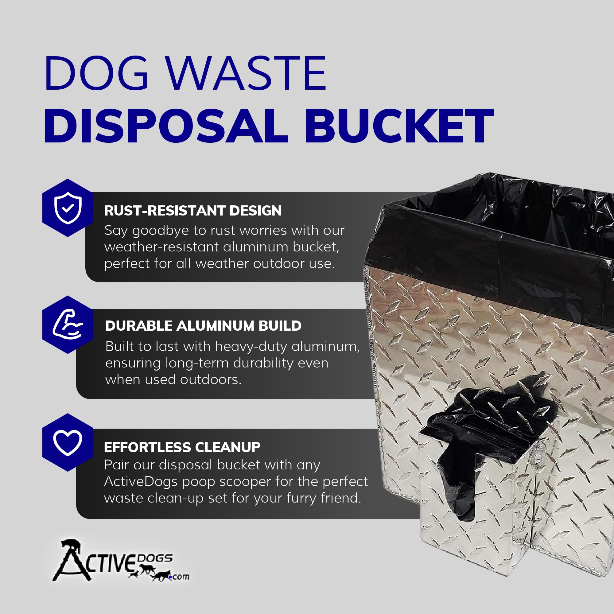 Activedogs Dog Poop Bucket Pet Waste Container - Heavy Duty Dog Poop Trash Can Outside Disposal Pail - A Rust-Resistant, Alumini
